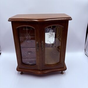 French Provincial Style Wooden Jewelry Armoire Chest Box Case Gold Glass Doors